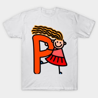 Letter P for girls alphabet Kids Colorful Cartoon Character T-Shirt